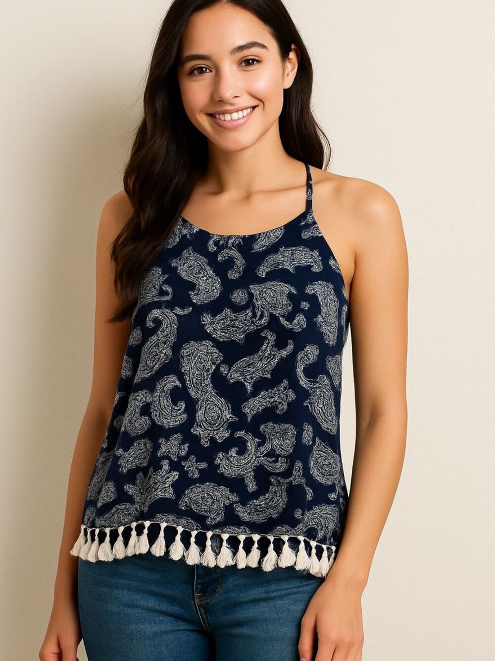 Red Camel Paisley Halter Top Navy Blue White Boho Tassel Fringe Hem Backless